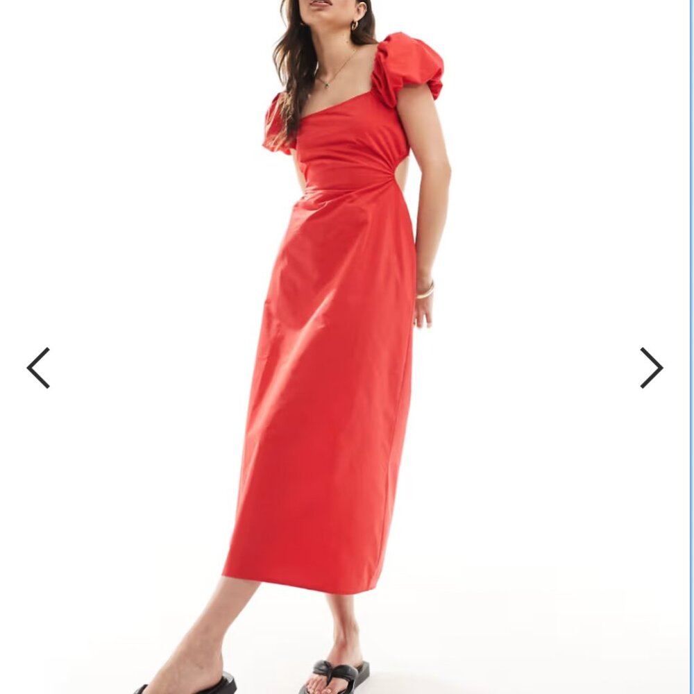 NWOT Stradivarius midi dress – Red, puff sleeves, cut out back (S)
